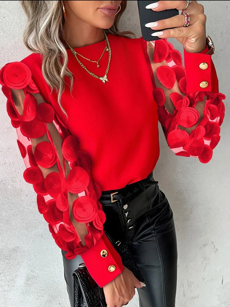 Red Lace Floral Sheer Mesh Top - Fashion Women's Blouse for Autumn & Spring