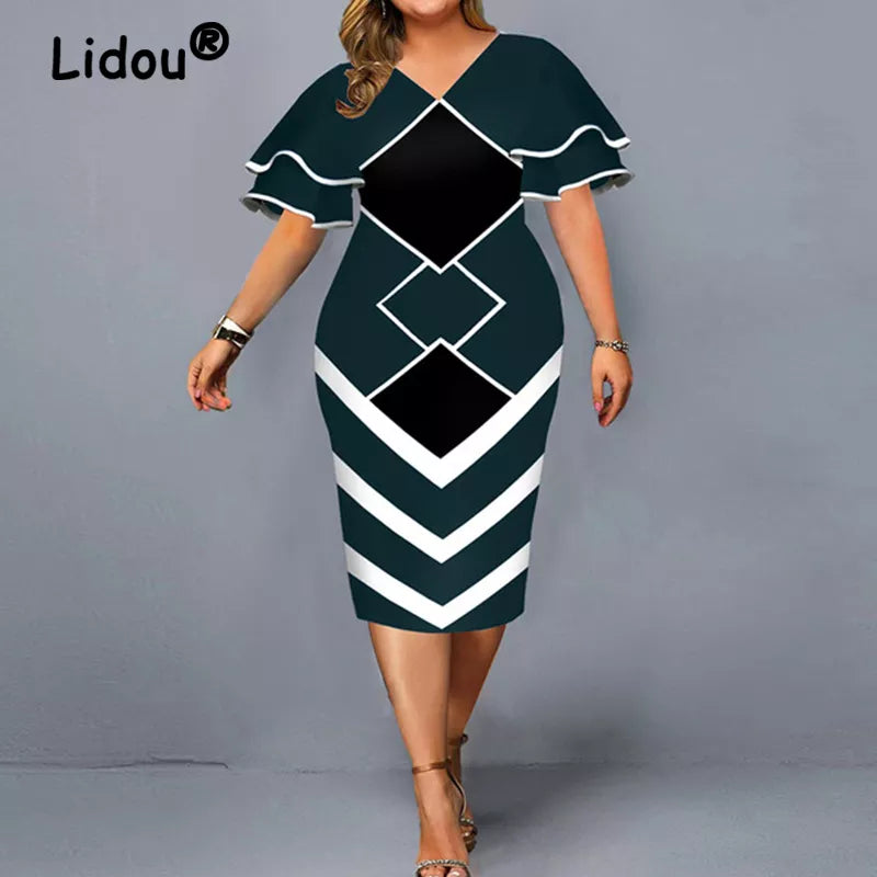 Elegant Plus Size Midi Dress - Summer Fashion for Women - V-Neck, Ruffles, Bodycon - 5XL