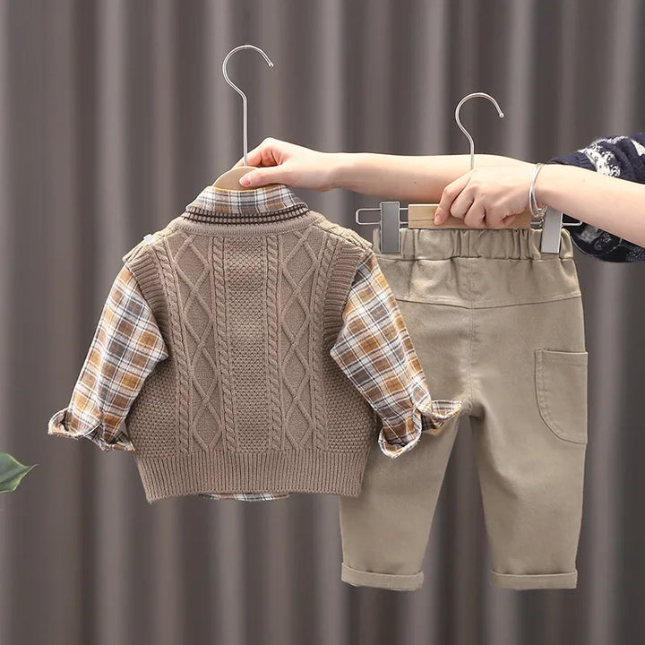 2023 Spring Autumn 3PCS Boys Clothing Set Baby Boys Sweater Vest Long-sleeve Shirts Cargo Pants Clothes Set Infant Children Suit