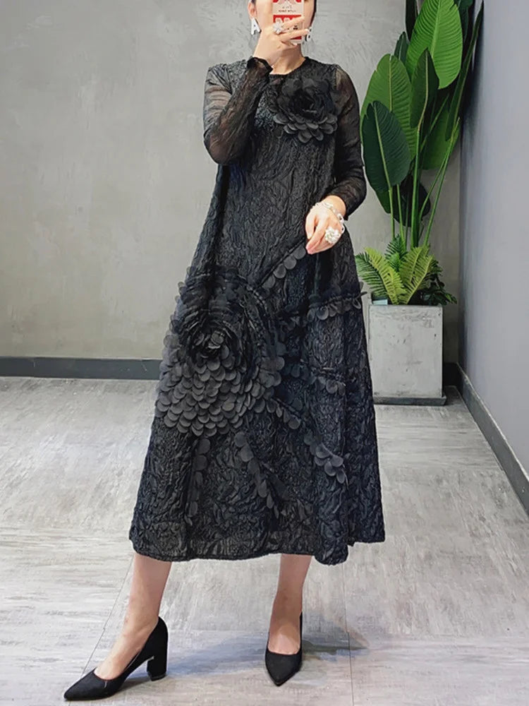 Elegant LANMREM Flower Dress for Women - Midi Pleated Round Neck, Long Sleeve, 2024 Summer Spring Festival Collection