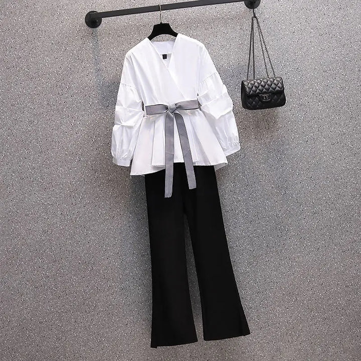 Spring/Summer Two-Piece Suit: Oversized V-Neck Blouse & Pants for Women