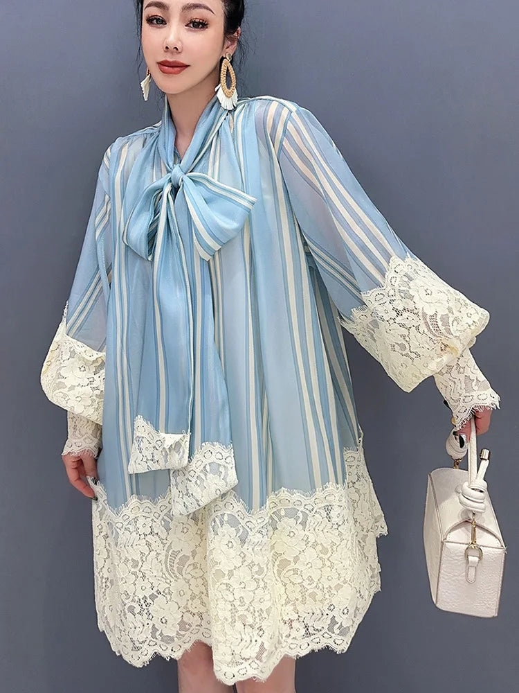 2024 Spring Summer Chiffon Lace Shirt Dress - Loose Fit, Mid Length - SHENGPALAE