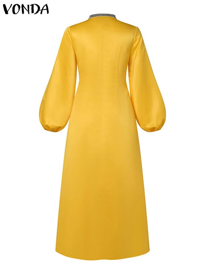 Plus Size 5XL VONDA Women Maxi Dress Autumn Long Lantern Sleeve Sexy V-neck Satin Patchwork Party Sundress Casual Loose Robe