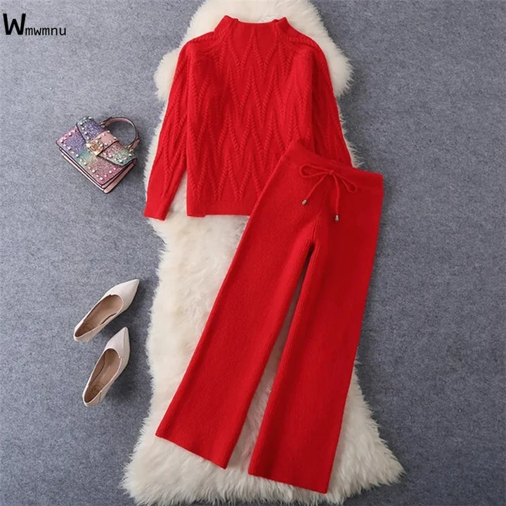 Elegant Red 2-Piece Set: Women's Fall/Winter Sweater & Wide Leg Pants