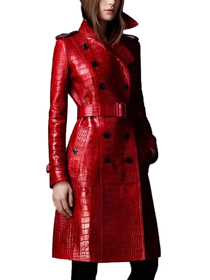 British Style Red Crocodile Print Trench Coat for Women - Elegant & Fashionable" "Autumn Long Trench Coat - Red Crocodile Print - British Style - Elegant & Fashionable