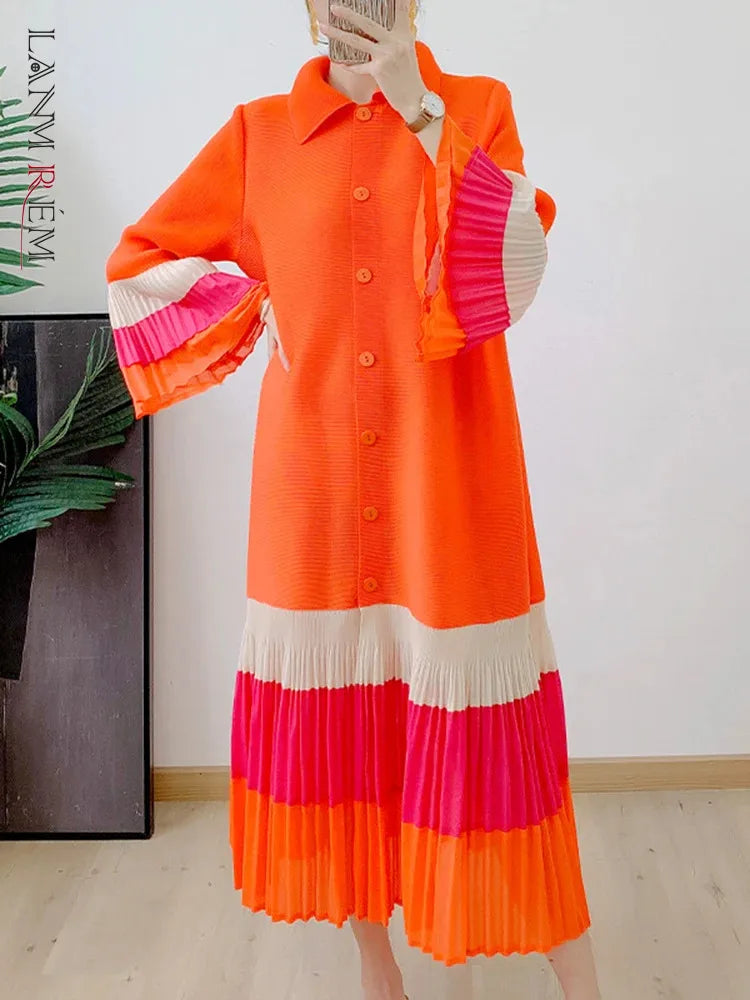 LANMREM 2024 Spring Striped Pleated Dress - Loose Fit, Lapel, Flare Sleeves, Single Breasted