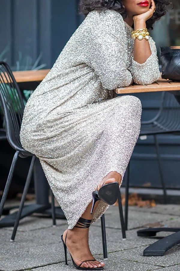 Elegant Party Maxi Dress - Solid O Neck, 3/4 Sleeve, Perfect for Weddings and Events