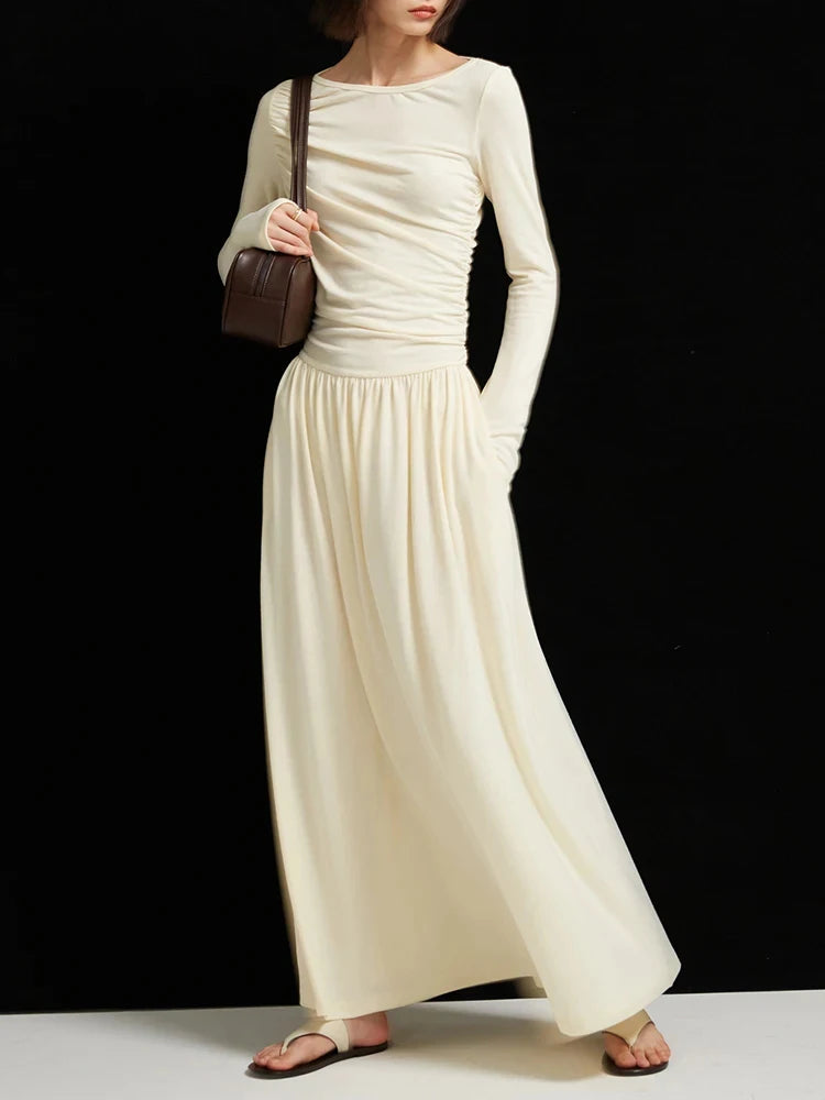 CHICEVER Patchwork Slimming Dress - Round Neck, Long Sleeve, High Waist - Women's Minimalist Style