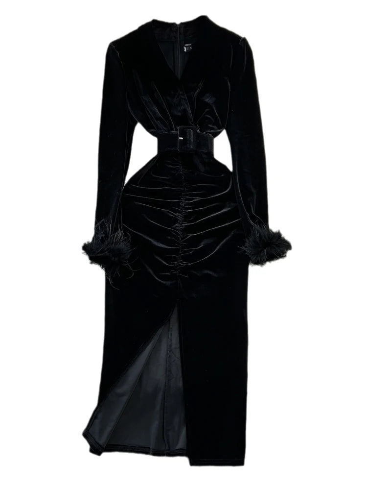 XFPV Women Velvet V-Neck Dress Autumn Winter 2024