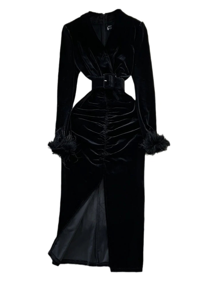 XFPV Women Velvet V-Neck Dress Autumn Winter 2024