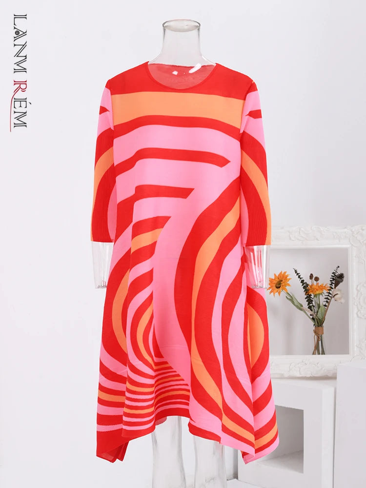 Spring Striped Dress - Color Block, Loose Fit, Mid-Length - 2024 New Arrival