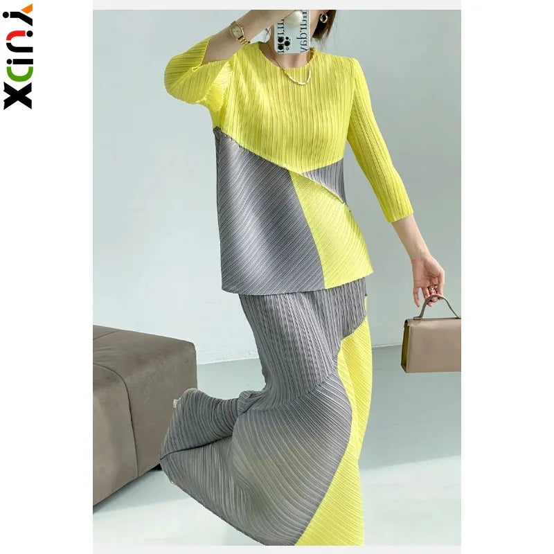 2024 New Miyake Style Designer Two-Piece Set - High-End Color Matching Outfit for Women