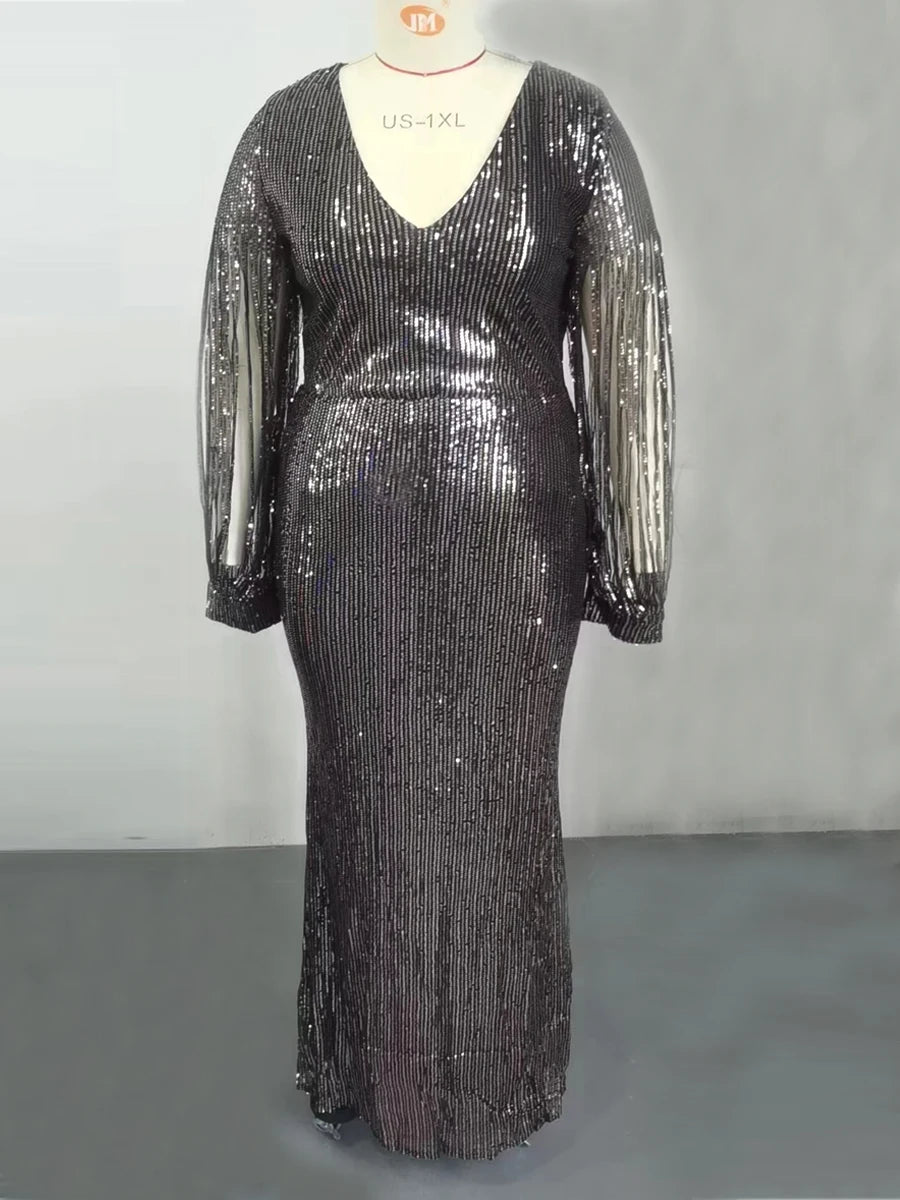 Plus Size Black Sequin Evening Dress - Elegant V Neck Lantern Sleeves Bodycon Prom Gown