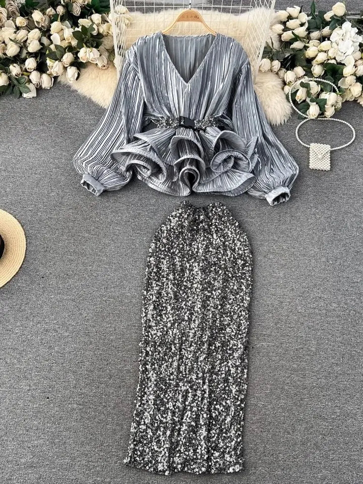 Sparkle in Style: 2-Piece Sequined Set - V Neck, Lantern Sleeves, Belt, Ruffles, Elastic Waist Skirt