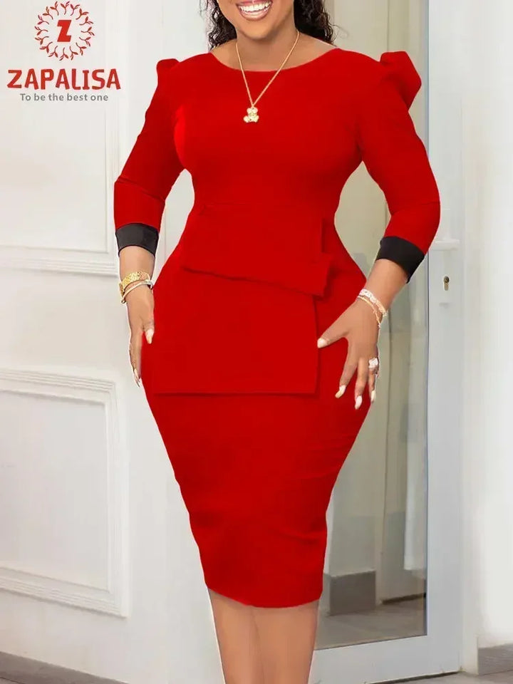 Elegant Office Lady Pencil Dress | Patchwork Design | High Waist | Slim Fit | Zipper Decor | O-Neck | Wrist Sleeve