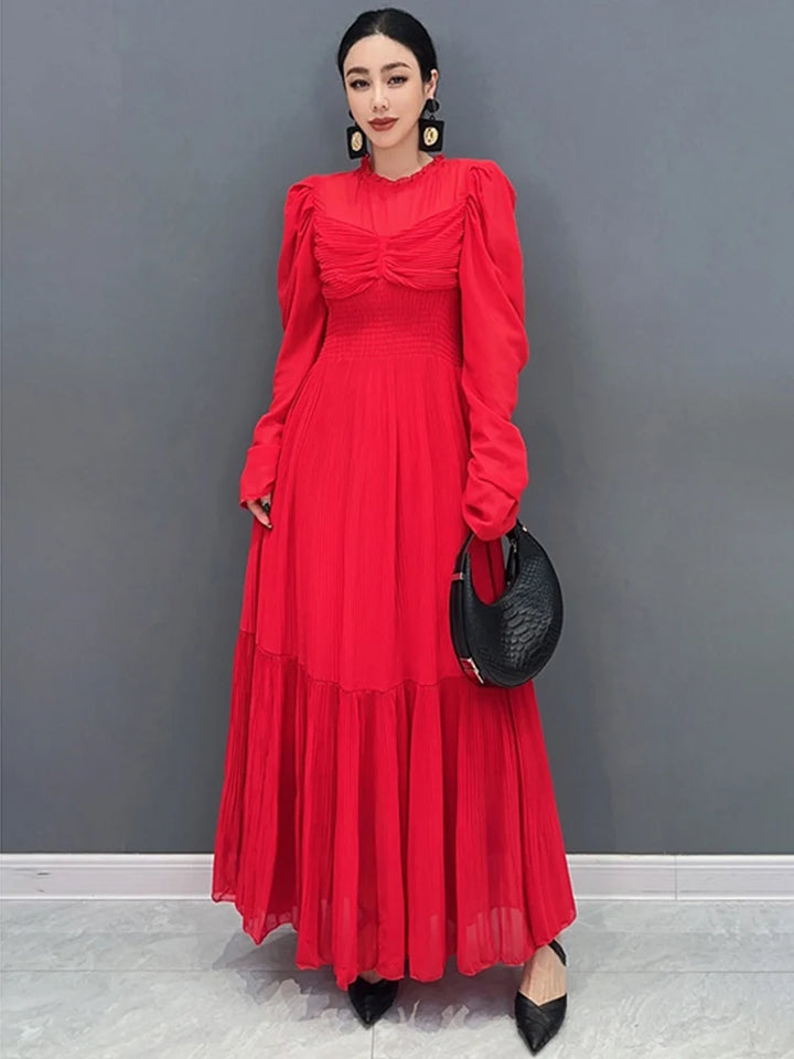 Stunning SHENGPALAE Red Dress - 2024 Spring/Summer Fashion - Large Hem & Pleated - Beautiful & Elegant - Sizes Up to 5XL