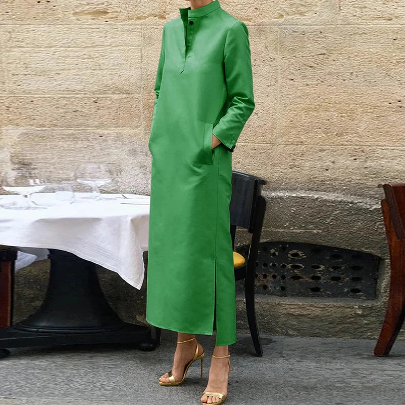 Autumn Party Maxi Dress - V Neck, Long Sleeve, Dot Print