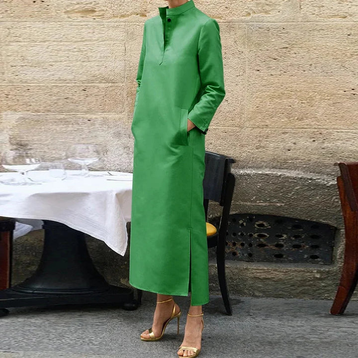 Autumn Party Maxi Dress - V Neck, Long Sleeve, Dot Print
