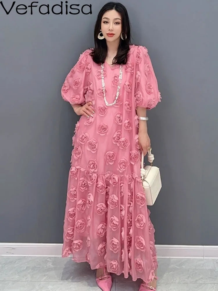 2024 Summer V-Neck Chiffon Dress - Large Casual Rose Flower Design - Elegant Girl Trend