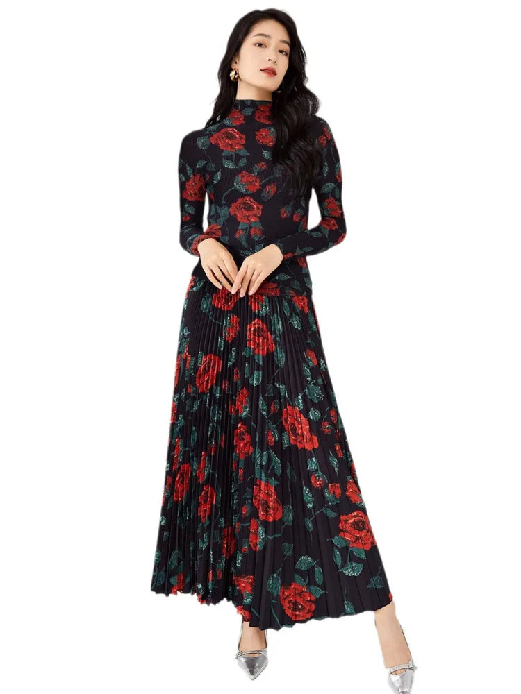 LANMREM Flower Print Pleated T-shirt & Skirt Set