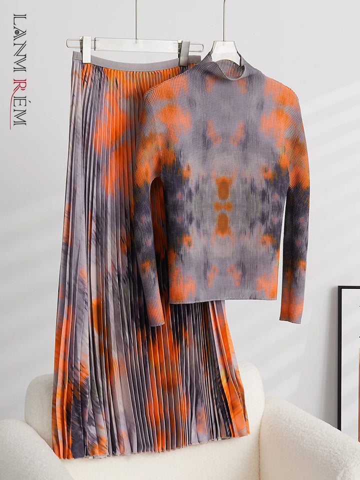 LANMREM 2024 New Printed Pleated 2 Pieces Skirt Set Women's Turtleneck Long Sleeves Slim Tops High Elastic Waist Skirts 2YA648