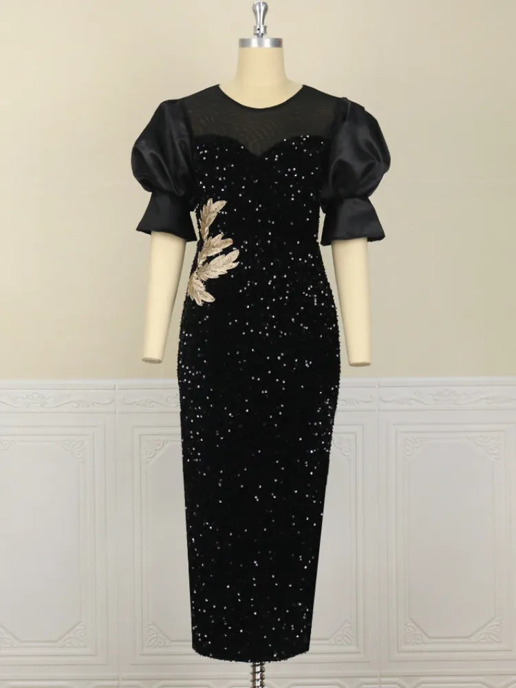 Black Velvet Dresses Sequined Patchwork Sheath Plus Size Embroidery Cocktail Evening Birthday Party Outfits for Ladies Winter