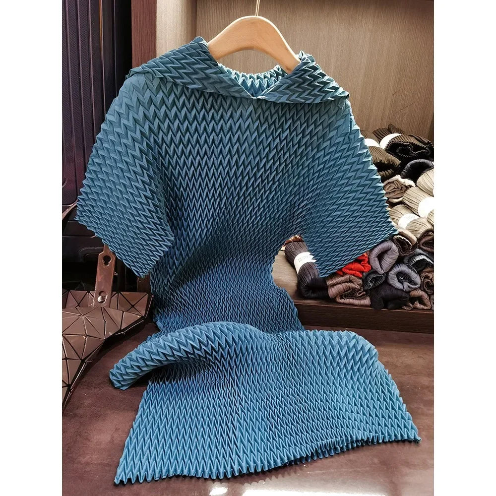 New Miyake Wave Pattern Pleated Dress - Casual & Comfortable with Bat Sleeves - Large Size Available