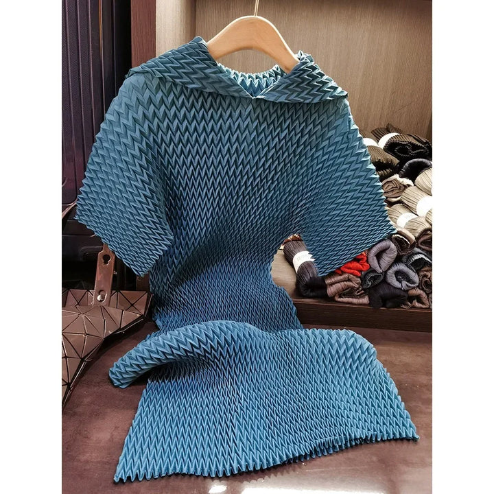 New Miyake Wave Pattern Pleated Dress - Casual & Comfortable with Bat Sleeves - Large Size Available