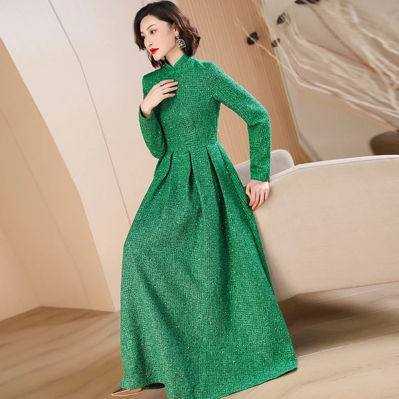 Green Chinese-Style Long Dress for Autumn Events - 3cm Error