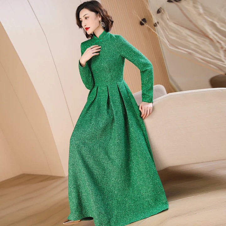 Green Chinese-Style Long Dress for Autumn Events - 3cm Error