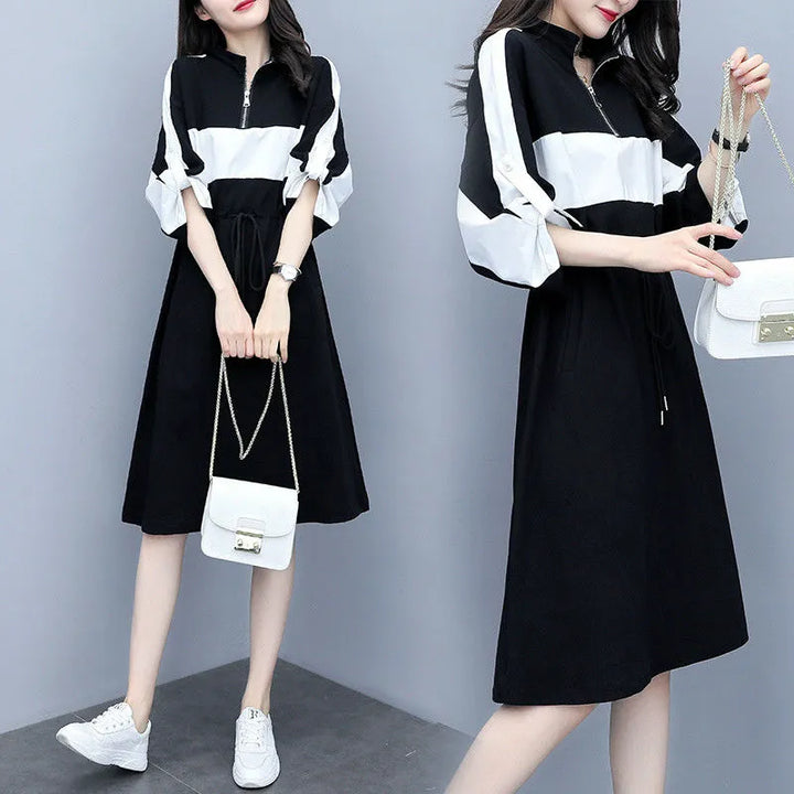 Korean Zipper Midi Dress - Loose Fit & Contrasting Colors - Women's Fashion