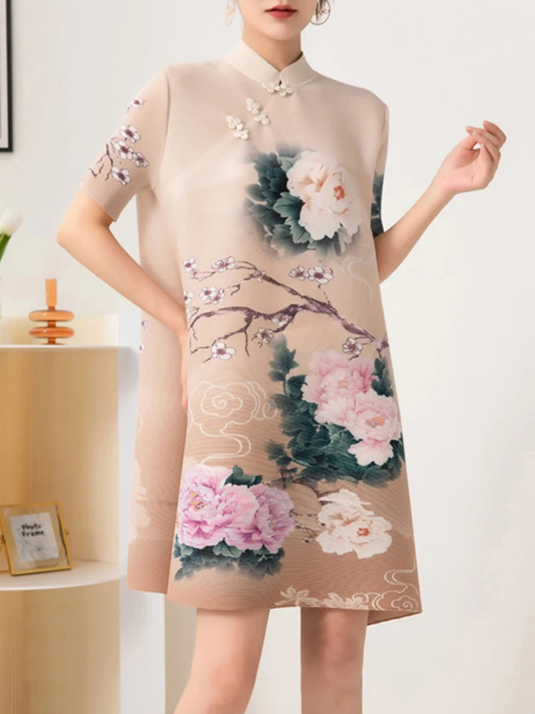 LANMREM Chinese Style Floral Print A-line Dress