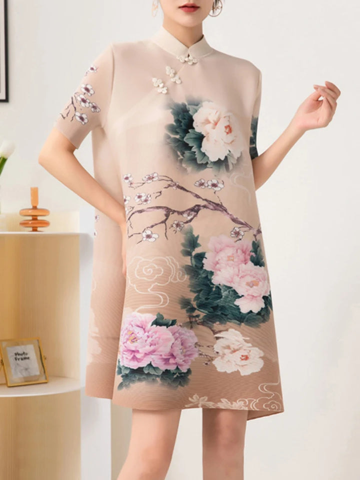 LANMREM Chinese Style Floral Print A-line Dress