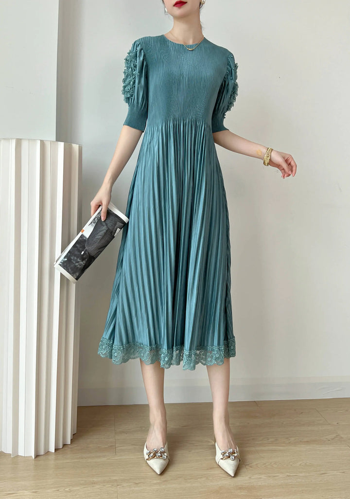 2023 Spring/Summer YUDX Pleated Dress - Bubble Sleeve, Loose Fit, Round Neck, Solid Color - Party/Date Night Must-Have