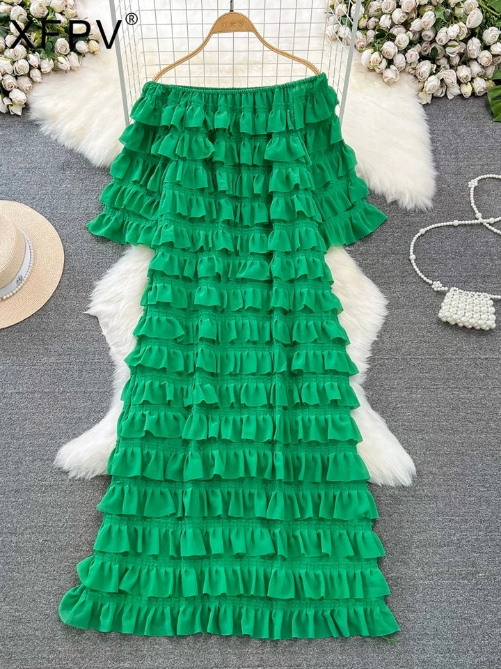 Chic Ruffled A-Line Dress - High Waist, Slash Neck, Spring/Summer 2024 - XFPV Women