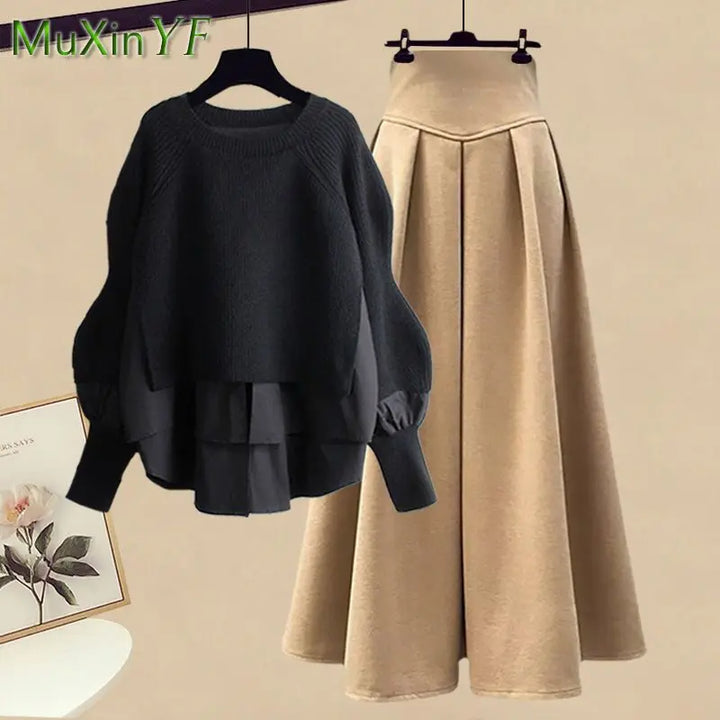 2023 Autumn/Winter New Korean Elegant Splice Fake Two Piece Knitted Sweater Dress Matching Set Women's Chic Pullover Skirt Set