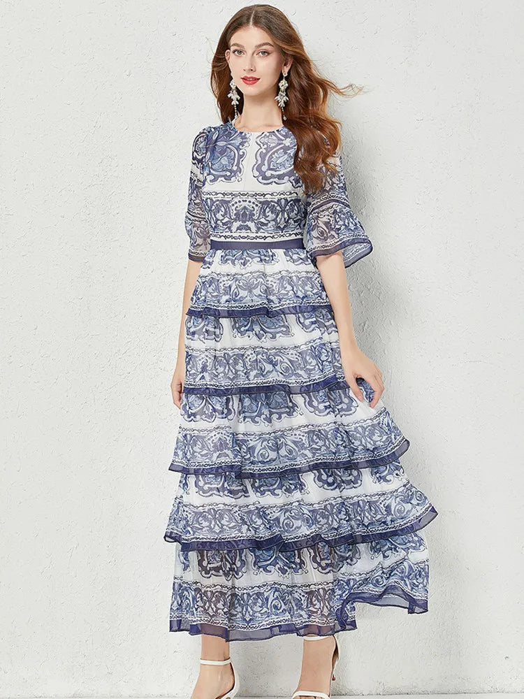 Stunning Blue and White Porcelain Print Maxi Dress - Limited Stock!