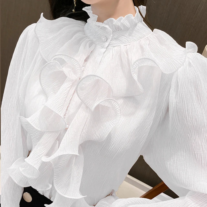Chic Vintage Lace Blouse - Elegant Spring Stand Collar Chiffon Shirt for Women