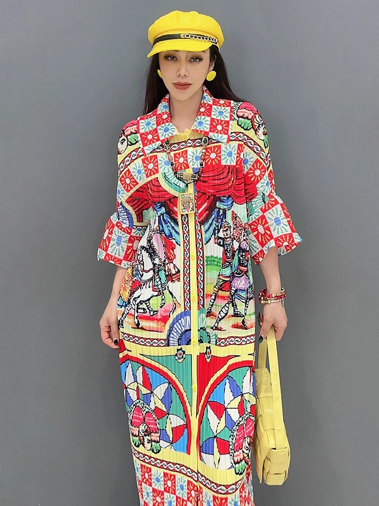 Chic Spring 2024 Printed Dress - Loose Fit, Folds Design, Three Quarter Sleeve - SHENGPALAE