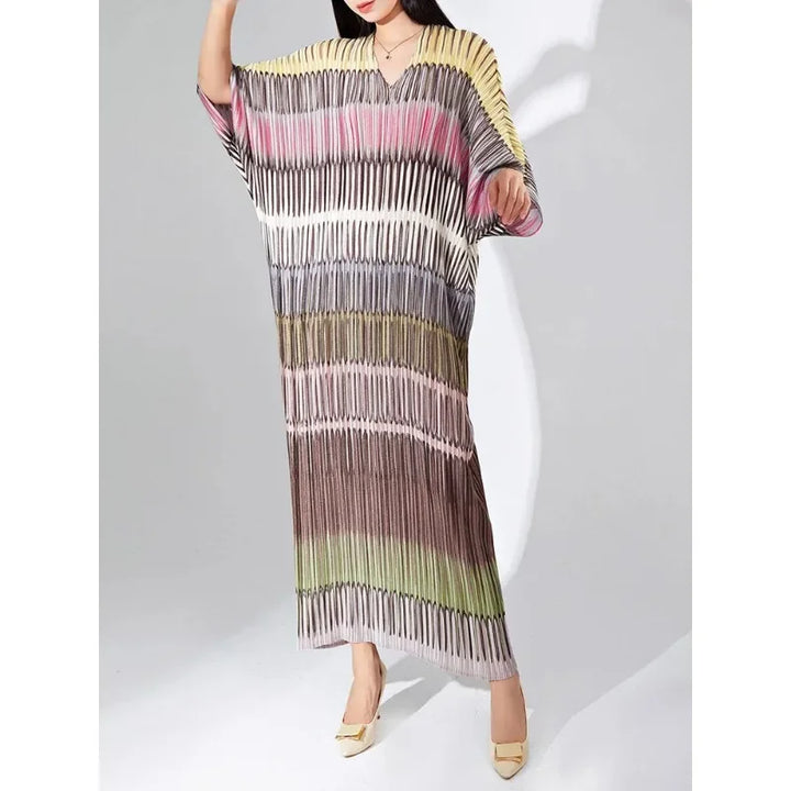 GGHK Miyake Pleated Striped Dress Women V Neck Batwing Sleeve Loose Medium Long 2023 Autumn New Fashion Elegant Female Clothing