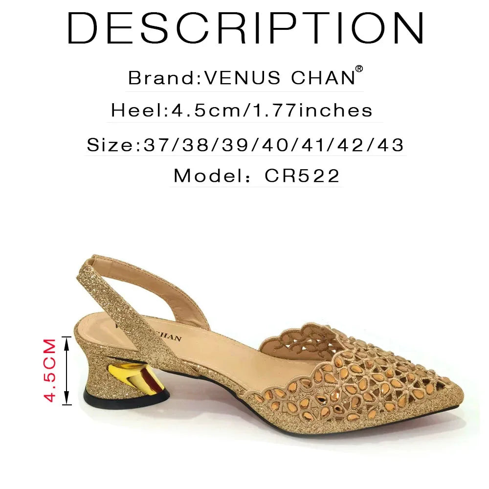 Women's Venus Chan Low Heel Shoes Set - Gold Italian Design with Embroidery & Rhinestones