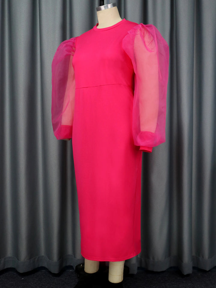 Plus Size Midi Party Dress with Tulle Patchwork and Lantern Sleeves for Women - Perfect for Birthdays and Events!