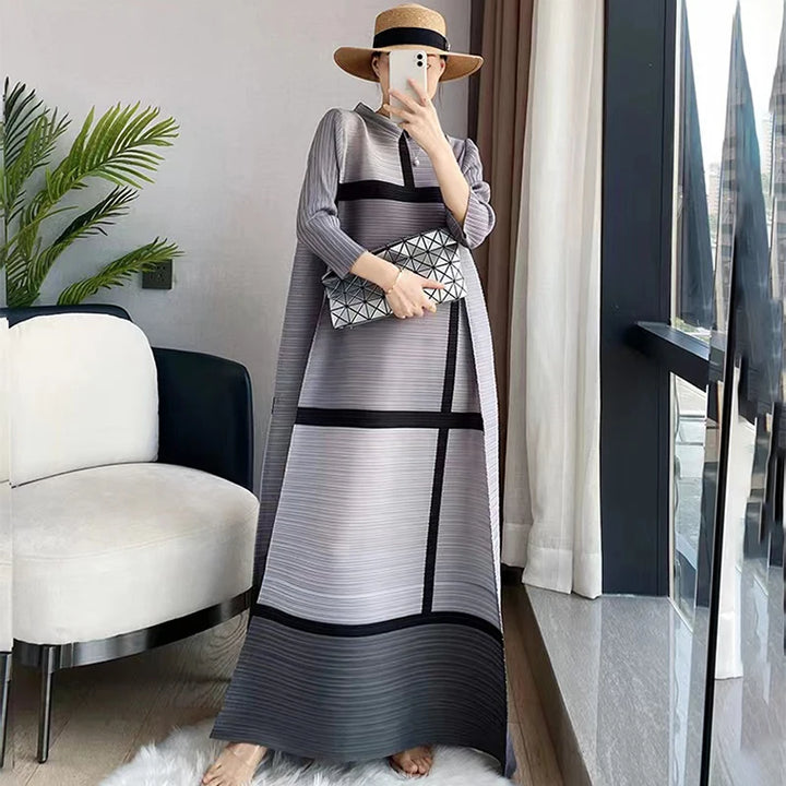 LANMREM Women Autumn Summer Long Dresses  Three Quarter Sleeve Casual Office Party Lady Elegant Plaid Dress 2D1236