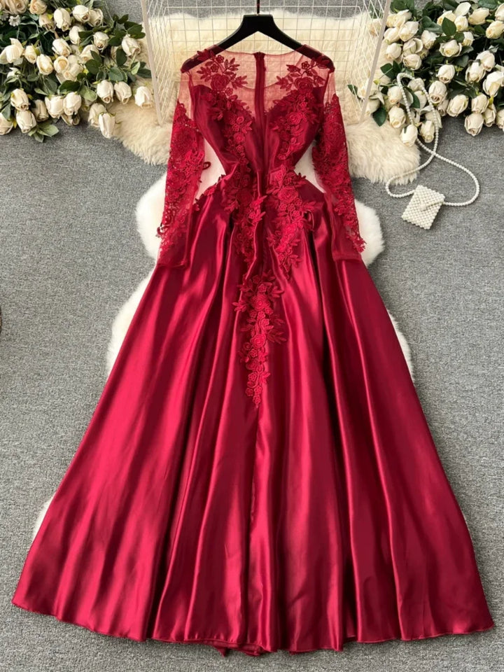 Vintage Embroidered Red Mesh Evening Dress