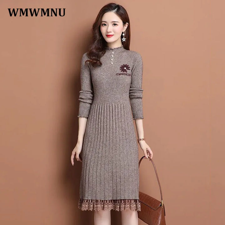 Vintage Patchwork Knitted Dress | Warm Half Turtleneck | Autumn Winter | Midi Vestidos Mujer