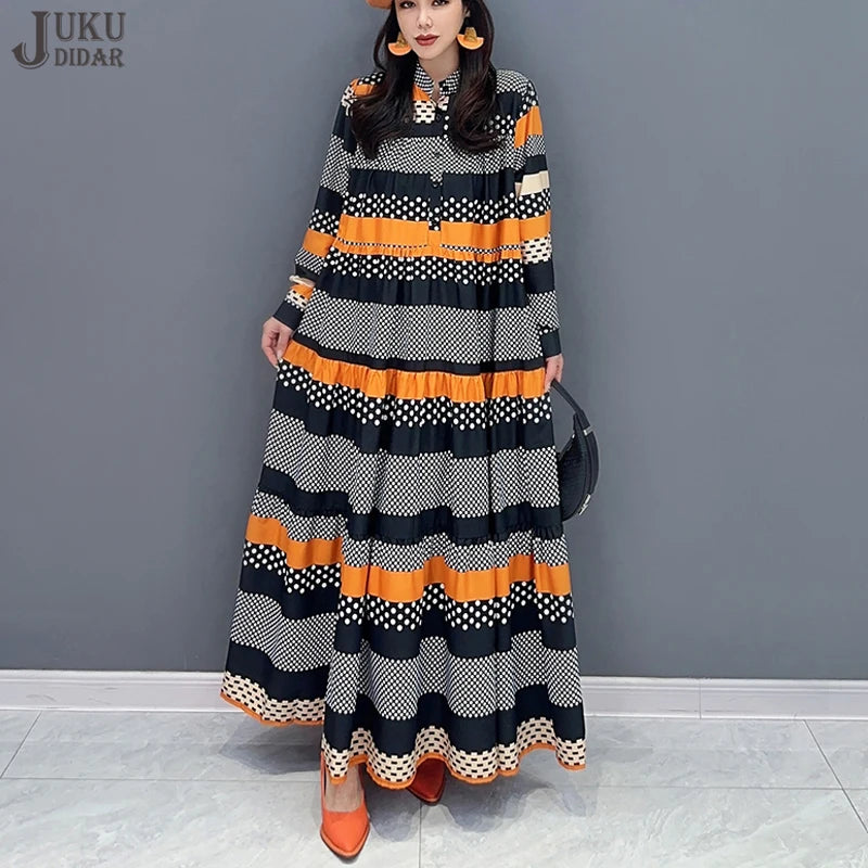 Korean Style Striped Dress - Large Size, Loose Fit, Fashionable, JJXD653