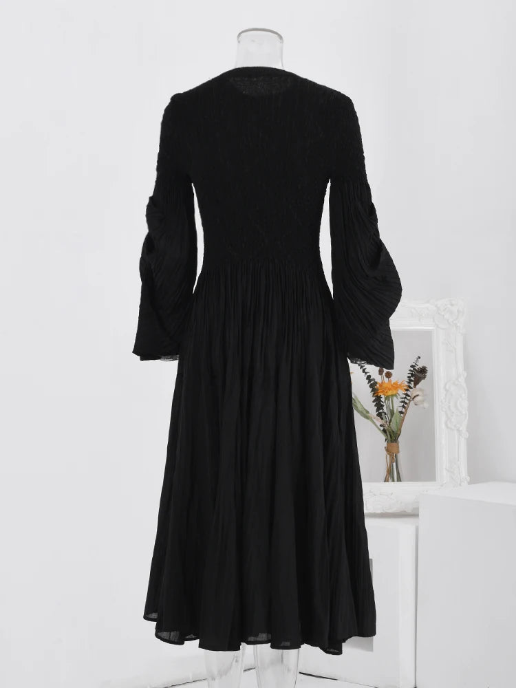 Elegant Pearl Pleated Dress - LANMREM 2024 Fashion Party | Spliced Design Collar, Long Sleeves, Spring New