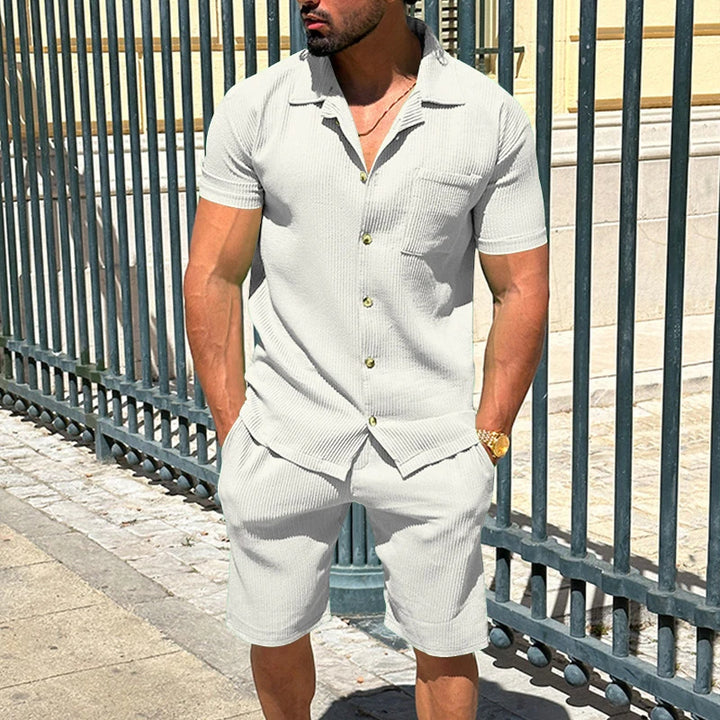 Men's Summer Beach Casual Two Piece Set - Solid Color Loose Short Sleeve Shirts and Shorts
