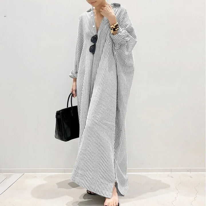 2022 Plus Size Striped Dress with Lapel, Long Sleeve, and Loose Fit - 4XL/5XL