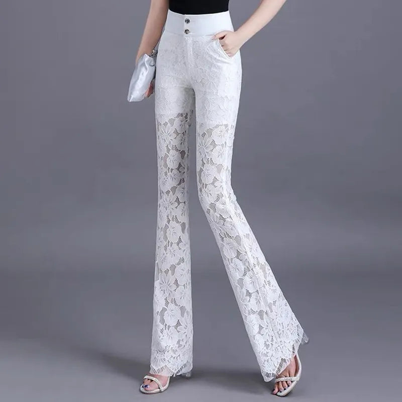 Korean Fashion Lace Patchwork Flare Pants - High Waist, Thin & Elegant for Women - 2023 Collection